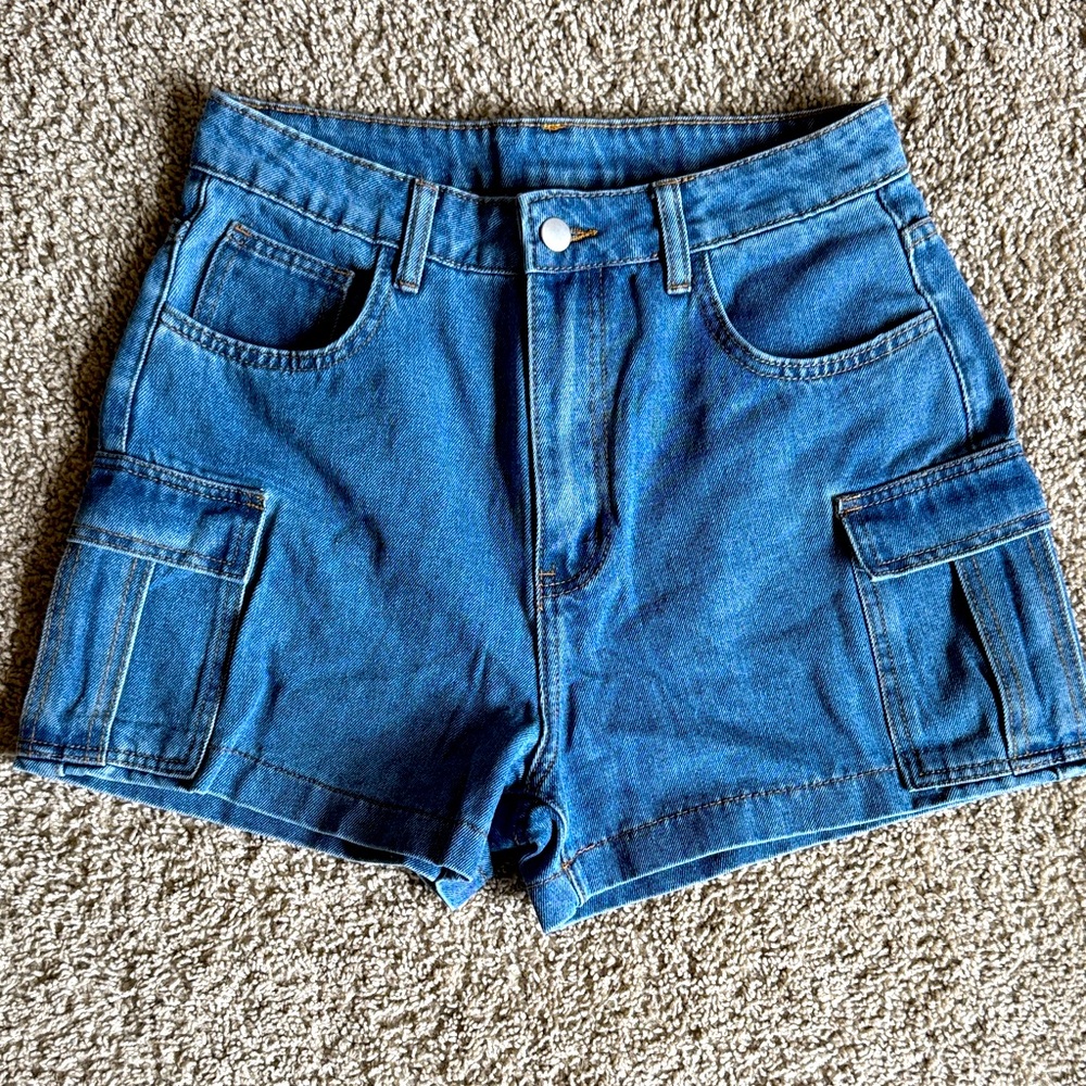 High Waisted Denim Cargo Shorts